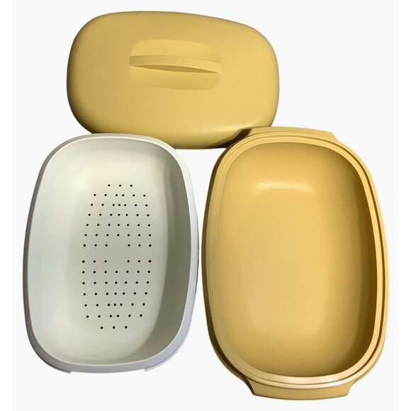 2 Vintage Tupperware Gold Microwave Steamer 3-Piece Sets #1274 - Picture 3 of 8